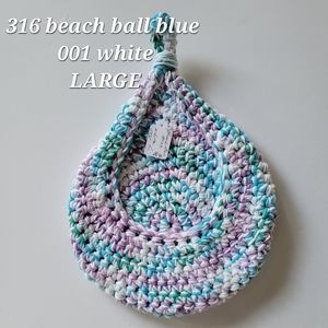 LARGE 316 BEACH BALL BLUE 001 WHITE HANDMADE CROCHETED  HANGING WALL BASKET